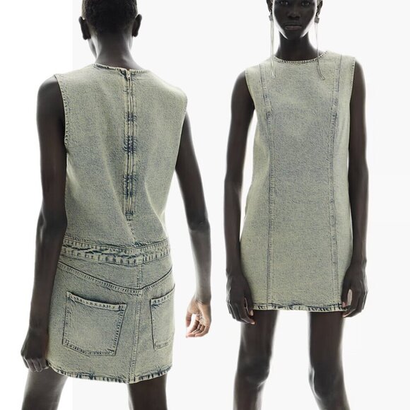 H&M Light Acid Wash A-line Denim Shift Sleeveless Twill Short Dress Medium - Picture 1 of 9